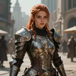 fantasy female warrior in a cityplaza closeup, neopunk armor, volumetric lighting, epic composition, hyperdetailed, proportional anatomy, in the design of james c christensen and lise deharme