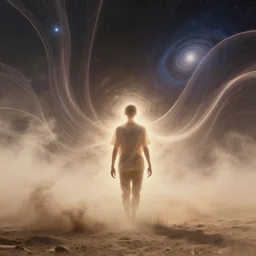 a human emitting an aura walking through a dust storm while normal and exponential curves from the universe flow through them, digital art, trending on art station, many smooth curves, inspiring, octane render