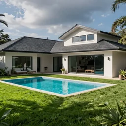 photo of a house with a pool and grass