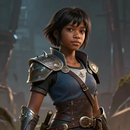 An epic fantasy comic book style portrait painting of a young dark skinned girl with short hair dressed as a boy, unreal 5, DAZ, hyperrealistic, octane render, cosplay, RPG portrait, dynamic lighting