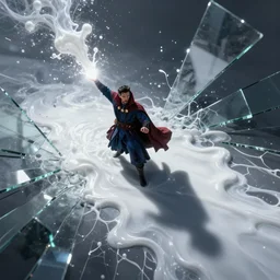 doctor strange, long shadow, light colors, white magic, liquid!!, white liquid, by greg rutkowski, multiple dimensions, shattered glass, refractions, highly detailed, environmental light, cinematic by francis tnehunreal, octane render, nvidia, concept art, close up
