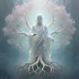 faceless, shrouded figure, powerful being, plant spirit, fractal entity, spirit guide, pearlescent, shiny, glowing, ascending, weird, odd, surreal, smooth, shaman, symmetry, subtle pattern, pastel colors, visions, visionary art, color dispersion, underwater, intricate, engraved, matte, subtle textures, hyperdimensional, sacred geometry, portal, glass, by moebius, moebius, trending on artstation, perfect symmetry, highly detailed, ultra detailed, monk, tree, roots, tree spirit, treant
