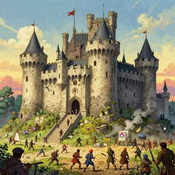 A fascinating and detailed description of a medieval castle under siege , by Maurice Sendak and Takashi Murakami, trending on ArtStation, cgsociety, trending on 500px, deviantart