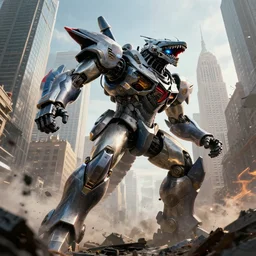 A mecha Cyber Kaiju Attacking new york, cinematic, michael bay