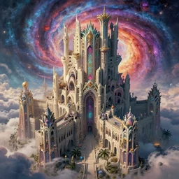 strange beautiful bizarre gorgeous chaos castle in the nebular vortex realm, art nouveau architecture, massive ramparts, hyperdetailed infrastructure by greg rutkowski, satoshi kon and rodney matthews, artstation, epic psychedelic atmosphere, clouds, photorealism, complex color scheme, uhd