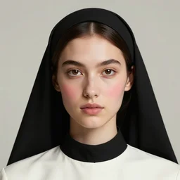 professional head shot concept art of a beautiful fashion model wearing catholic spiritual clothes by reza nia, nick knight, amy judd, jil sander minimal elite style, posed, hyper realistic face, beautiful brown eyes, flushed cheeks, professional makeup, studio, studio lighting, medium format 1 1 0 mm lens, flat natural tones, sharp focus, 8 k, stunning matte painting
