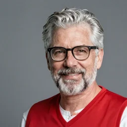 photo of a 5 0 - year old white man, silver hair, neat beard, wearing a red gilet, thick - rimmed glasses, professional corporate portrait, from investor prospectus