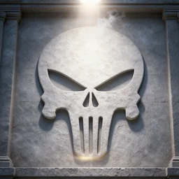 punisher symbol carved deeply into stone edifice luminous smoke and light rays.