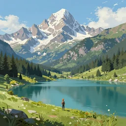 digital painting of mountain landscape with a lake and character near the water by philip sue art, by philip sue, featured on artstation, behance