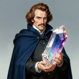 heisenberg wearing a dark blue cloak holding a big shiny multi colored crystal