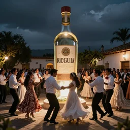 a crowd of mexicans dancing around a giant tequila bottle in a wedding,