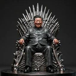 xi jinping sits on the iron throne with an evil smile, intricate details, metal album cover art