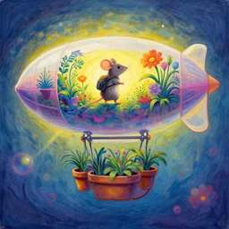 adventurer mouse travelling on a vaporwave blimp with potted plants. complementary colors, gouache, indie concept art, bloom, chiaroscuro, backlighting, intricate details.