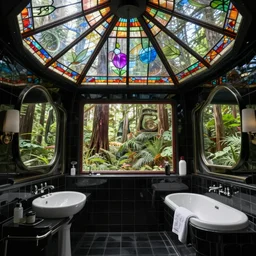 black bathroom inside of a psychedelic solarpunk Frank Lloyd Wright house with a stained glass roof in the redwoods on a sunny day, award winning hd 8k photo