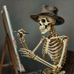 skeleton painter wearing a hat paints on his cannvas, hyperrealism, photorealistic art, digital arts, intricate details and composition, surreal colors, 4 k, 8 k, artstation