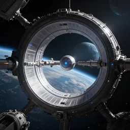intergalactic stargate portal in a space station with a view of a planet in the background, trending on artstation, unreal engine, volumetric lighting
