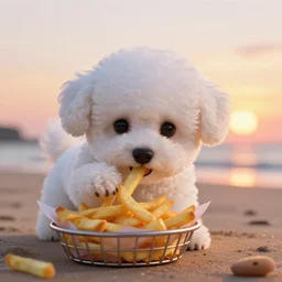 a photorealistic image of a knitted white bichon puppy eating from basket of french fries during sunset at the beach Trending on artstation, featured on Behance, well-rendered, Unreal Engine, 4K HD