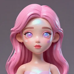of a 3 d girl with pink oil paint and acrylic hair, 2 d eyes and features in a holographic art style