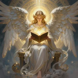 angel harbinger of light reading from the book of life and death, intricate, d & d, wide shot, powerful, fantasy, art nouveau, digital painting, trending on artstation, sharp focus, wide shot, illustration, holy, divine, angelic, global illumination, ray tracing, art by artgerm and greg rutkowski and ruan jia