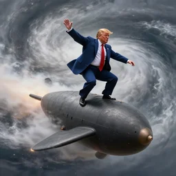 trump riding on an atom bomb into a hurricane, trending on artstation, photorealistic, high resolution, octane, unreal engine, digital,