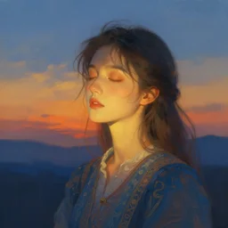 portrait of a beautiful girl, sunset, intimate, eyes closed, faded shades of blue and orange and yellow, beautiful face, rule of thirds, intricate outfit, spotlight, by greg rutkowski, by jeremy mann, by francoise nielly, by van gogh, digital painting