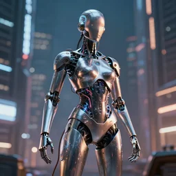 a 3 d render of a metallic humanoid made of shiny metal standing in a futuristic city, cyborg cyberpunk with lights and electricity and wires, bokeh, canon 5 0 mm, cinematic lighting, volumetric light, octane, octane render, redshift render