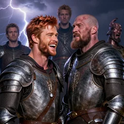 stunning portrait of ( ( ( laughing ) ) ) ( ( ( ( copper haired chris hemsworth ) ) ) ) as destruction from sandman looking like kristofer hivju!!, medival armour!!!, by jeremy mann, by frank moth, jeff easley, alphonse mucha, dave mckean, thunder & lightning, soft lightning, high detailed, 8 k