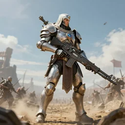 Trending on artstation. 4k. Masterpiece. Cybernetic holy warrior on the battlefield holding a large machine gun.