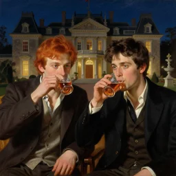 attractive male mike with ginger hair and attractive male tyler with brunet hair, drinking their hearts out, in their noble mansion, at night. highly detailed painting by gaston bussiere, craig mullins, j. c. leyendecker 8 k