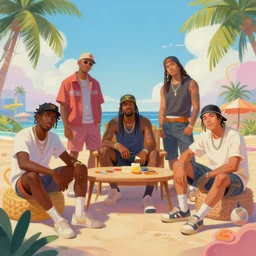 beautiful painting illustration of hiphop solarpunk summertime chill, by eddie mendoza, chris mars, ching yeh, chris uminga, etienne hebinger, jef wu. trending on artstation, 8 k, masterpiece, graffiti paint, fine detail, full of color, intricate detail, golden ratio illustration, face enhance
