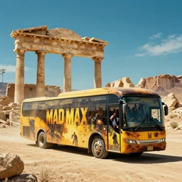 bus of tourists visiting las vegas ruins in mad max, hyperdetailed, artstation, cgsociety, 8 k