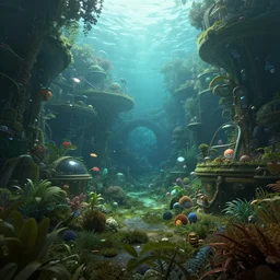 dramatic landscape of an underwater solarpunk garden habitat in the shade. trending on cgsociety, peaceful atmosphere, natural volumetric lighting, exaggerated detail, wide angle, octane render, raytraced realistic