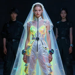 a portrait of a beautiful russian girl detailed features wearing a futuristic wedding dress brights, utility chic, sheer fabrics, zippers, belts & velcro galore, big techno watches, cargo pants, designed by balenciaga by cgi rtx hdr painting bioluminance alena aenami artworks in 4 k by jesper ejsing, feng zhu and loish beeple sun yun
