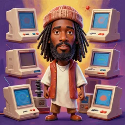 stylish caricature 3 d vfx drew struzan movie poster art of an african jesus surrounded by retro gaming consoles, art style by james jean & hsiao - ron cheng, unreal engine render, digital illustration, sharp, intricate detail, volumetric lighting, ray tracing, soft light, colourful, claymation style, ernie barnes style, symmetry, acrylic on canvas, pinterest, art