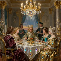 renaissance painting of servants serving dinner to royalty, burgundy and teal and gold colors, rococo decor, iridescent and opalescent and golden, twilight, refractive crystal, elegant, ornate jewelry, highly detailed, digital painting, glowing particles, cinematic lighting, god rays, smooth, sharp focus, art by nixeu, by wlop, by alphonse mucha.