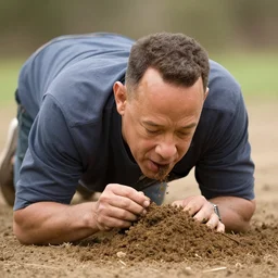 Tom Hanks on all fours eating a pile of dirt