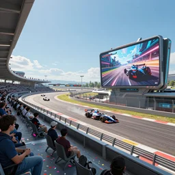 wide angle shot of a futuristic racetrack from the attendee stands with confetti on a sunny day with a clear blue sky and big tv screens in the background showing the car race, cyberpunk, profile shot, digital painting, good value control, unreal engine 5, octane render, 8 k, fourze, realistic textures, wipeout 2 0 4 8, f - zero