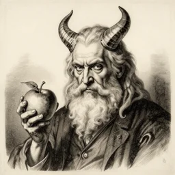 devil horned portrait grandpa lucifer holding an apple engraved ink stamp aquatint etching intaglio antonio j. manzanedo michael kutsche waldemar von kozak 4k artstation wikiart wikipedia