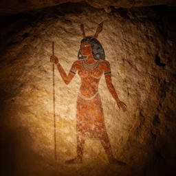 prehistoric goddess painted on cave walls. Dim light. Incandescent.