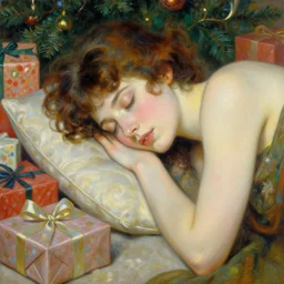 thirty year old woman with short wavy curly hair, asleep at christmas. surrounded by gifts. high quality detailed face. beautiful painting by artgerm and greg rutkowski and alphonse mucha