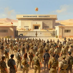 large millennial crowd in front of a | locked down government security facility military gate | in the hot desert trending on artstation digital paint 4 k render
