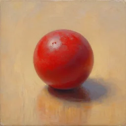 a red ball on a wood surface, oil painting