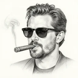 portrait of henry cavill with sunglasses and a beard, smoking a cigar, pencil drawing