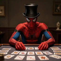 spider - man sits at the playing table in a top hat and looks at the spread out cards, dim light, realistic light, soft light, focus, depth of field, photorealism, 8 k quality, high quality, realistic style, old painting, classicism painting