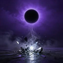 a dark matter wind and dust pieces of purple sky with a black sun falls to the ground and breaks into fragments, metallic light, futurism, schizophrenia, hyperrealistic fall, closed limbo room, the matrix broke into mirror fragments