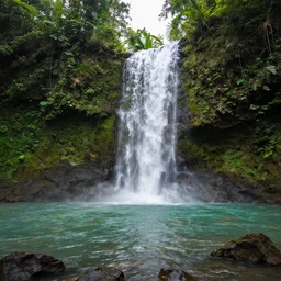of a tropical island with a majestic waterfall flowing into a clear pool of water.