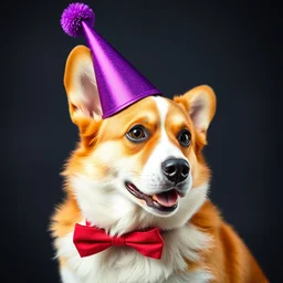 a corgi wearing a purple party hat and a red bowtie, highly detailed,