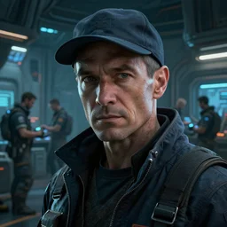 highly detailed closeup portrait of an experienced cyberpunk spacecraft engineer with a cap at the spaceship docks, engineers working at the background, cyberpunk, moody, luminescent, rule of thirds, golden ratio, ambient lighting, syd mead, greg rutkowski, wlop, artgerm, artstation, highly detailed masterpiece