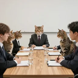 photo of cats dressed in suits attending a board meeting. Highly detailed 8k. Intricate. Sony a7r iv 55mm. Stock photo.