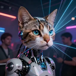 ultra detailed portrait of a futuristic cybernetic cyborg cat in a night club, by tom bagshaw, james christensen and anna dittman, laser light show, perfect cat eyes and face, 3 5 mm lens, biomechanical robot, deep depth of field, artstation, 8 k